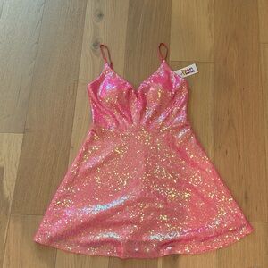 DEAR MOON Sequin Rushed A-Line Dress in Hot pink